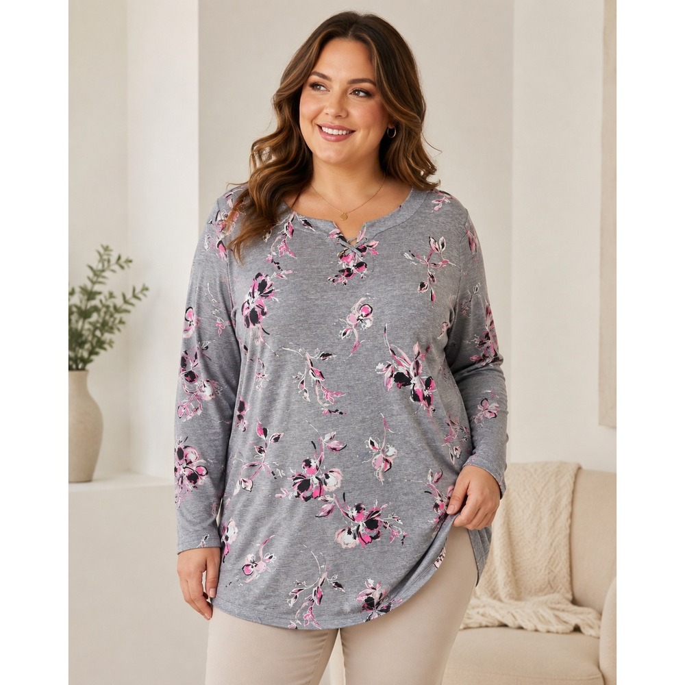 518. Croft & Barrow 3X Gray Pink Floral Lace Up Neck Long Sleeve Top